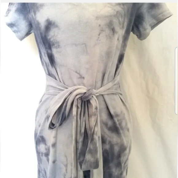 Anthro Lovers + Friends Blue Smoky Tie Dye Mini Dress Small Belted Short Sleeve - Picture 3 of 6